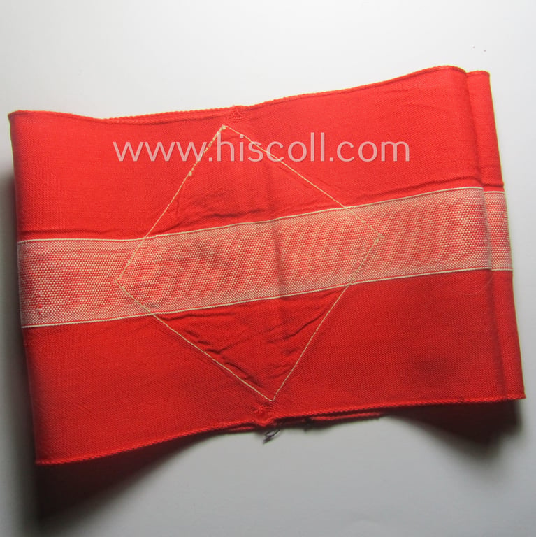 Attractive - and scarcely found! - 'standard-issued'- (ie. entirely woven) pattern, bright-red-coloured HJ- (ie. 'Hitlerjugend'-) related armband (ie. 'Armbinde') being a moderately used example that is void of an 'RzM'-etiket