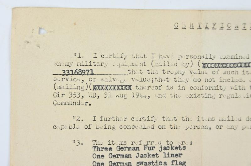 US WW2 Captured Military Items Certificate