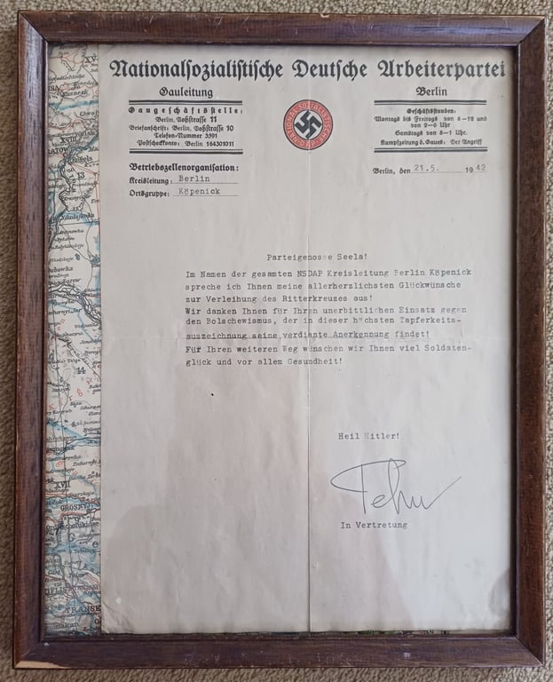 Congratulatory Letter to SS winner Max Seela "Knights Cross" "Totenkopf division“  from the NSDAP Kreisleitung Berlin Köpenick