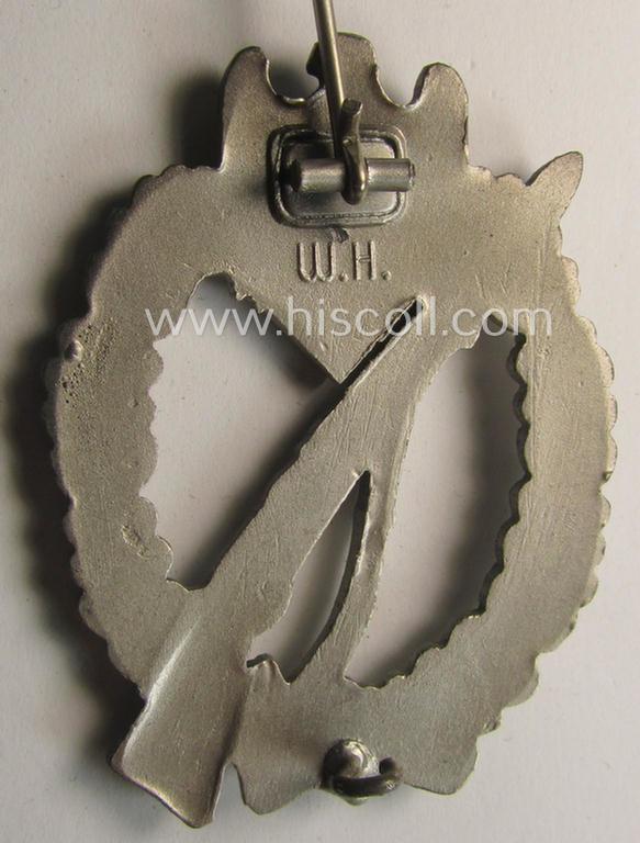 Stunning - and 'virtually mint'! - 'Infanterie Sturmabzeichen in Silber' being a maker- (ie. 'W.H.'-) marked, 'solid-back' example by the Austrian-based maker: 'Wilhelm Hobacher' as was executed in bright silver-coloured, zinc-based metal