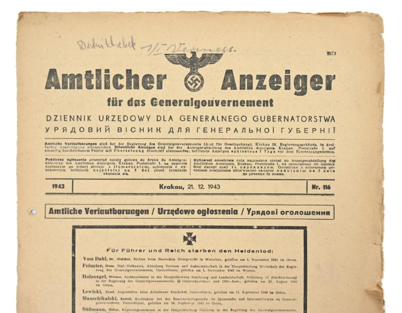 German Generalgoverment Newspaper 'Amtlicher Anzeiger'