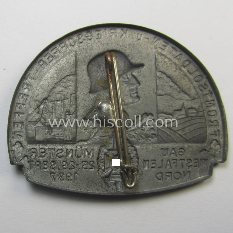 Commemorative, silverish-grey-toned and/or tin-based: 'N.S.K.O.V.'- (ie. WWI-veteran-) related 'tinnie' being a non-maker-marked example showing the text: 'Frontsoldaten u. Kriegsopfer-Treffen - Gau Westfalen Nord - Münster - 25.-26. Sept. 1937'