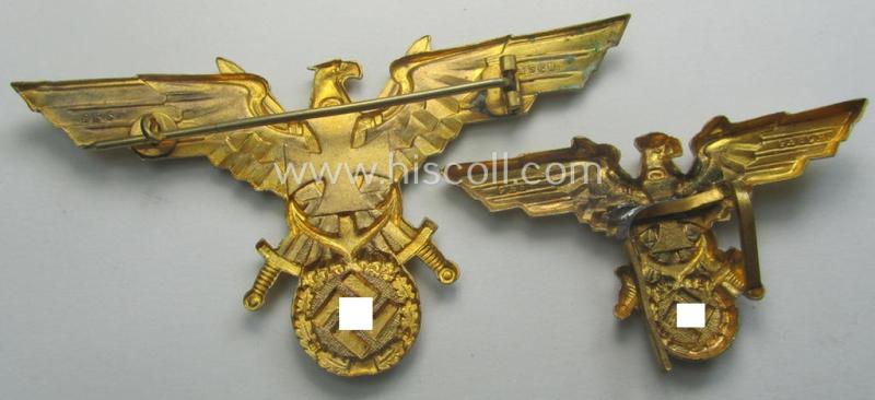 Interesting - and actually only once before seen! - 2-pieced 'N.S.R.K.B.'- (ie. 'Nationalsocialistischer Reichskriegerbund'-) related (naval) grouping comprising of two, bright-golden-toned: 'N.S.R.K.B.'-eagle-devices