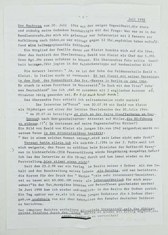 Signature of Wehrmacht Heer KC Recipient 'Werner Rode'