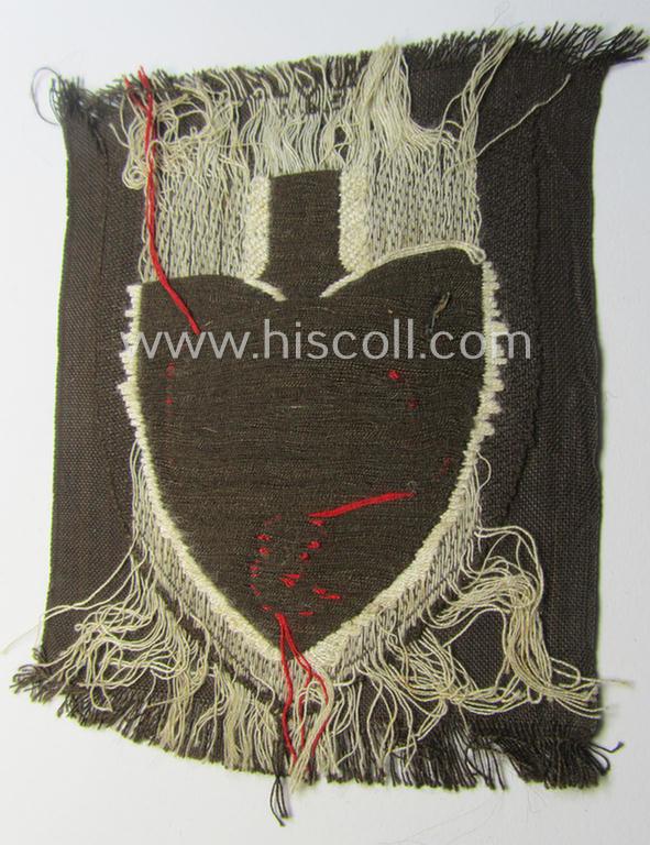 Attractive - 'BeVo'-woven and brown-coloured! - enlisted-mens'- (ie. NCOs'-) pattern so-called: RAD (ie. 'Reichsarbeitsdienst') sleeve-badge (or: 'Dienststellenabzeichen') bearing the specialist- ie. unit-designation that reads: '350/3'