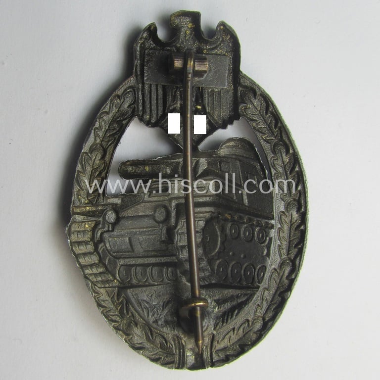 Attractive - and just moderately used! - 'Panzerkampfabzeichen in Bronze' (or: bronze-class panzer-assault badge or PAB) being a non-maker-marked- and/or hollow zinc- (ie. 'Feinzink'-) based example as was produced by the: 'Wilh. Deumer'-company