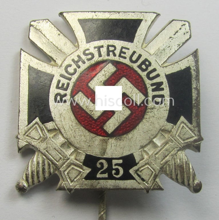 Membership lapel-pin (or: 'Mitgliedsabzeichen') aka: 'Ehrennadel für 25jährige Mitgliedschaft im Reichstreubund ehemaliger Berufssoldaten (o. RTB)' being a maker- (ie. 'Gante - Berlin'-) marked example