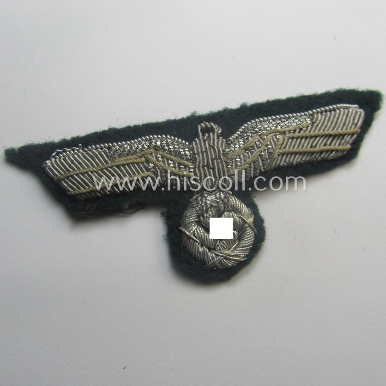 Clearly used- and/or cap-removed, WH (Heeres) officers'-pattern, visor-cap eagle/cocarde-set (ie. 'Effektensatz für Schirmmütze') being both hand-embroidered examples that come mounted onto a darker-green-coloured- and/or woolen-based background