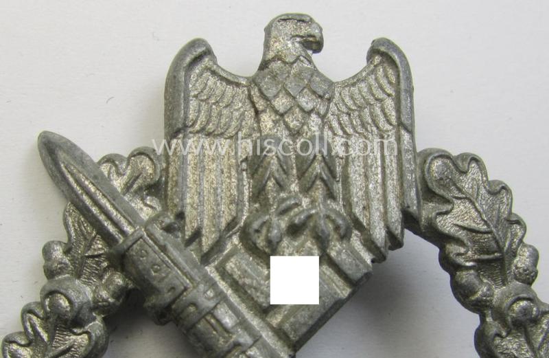 Superb, 'Infanterie Sturmabzeichen in Silber' (or: silver infantry assault badge ie. IAB), being a nicely maker- (ie. 'L/61'-) marked example as executed in zinc-based metal (ie. 'Feinzink') as was produced by the: 'Friedrich Linden'-company
