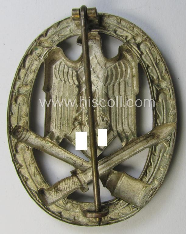 Superb - and moderately worn! - 'Allgemeines Sturmabzeichen' (or: General Assault Badge ie. GAB) being an unmarked, 'Buntmetall'-based- and/or 'hollow-back'-specimen as was produced by the: 'Wilhelm Deumer'-company