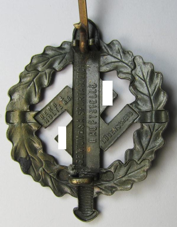 Early- (ie. mid-) war-period example of an: 'SA-Sportabzeichen in Bronze' being a very detailed and maker- (ie. 'Berg u. Nolte'-) marked example that is void of an impressed bearers'-number