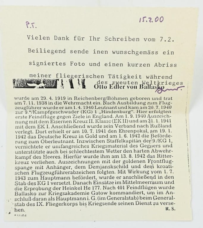 Signature of Luftwaffe KC Recipient 'Otto Edler von Ballasko'