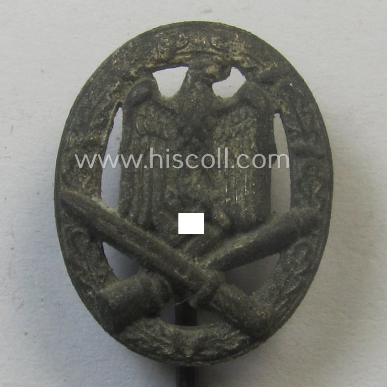 Miniature-lapel-pin depicting an: 'Allgemeines-Sturmabzeichen' (or: general-assault-badge ie. GAB) being a non-maker-marked example as executed in greyish-silver-coloured zinc-based metal (ie. 'Feinzink')