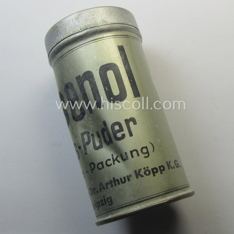 Smaller-sized WH-related, metal-based container marked: 'Fuss-Puder - Vasenol' - Armee-Packung'