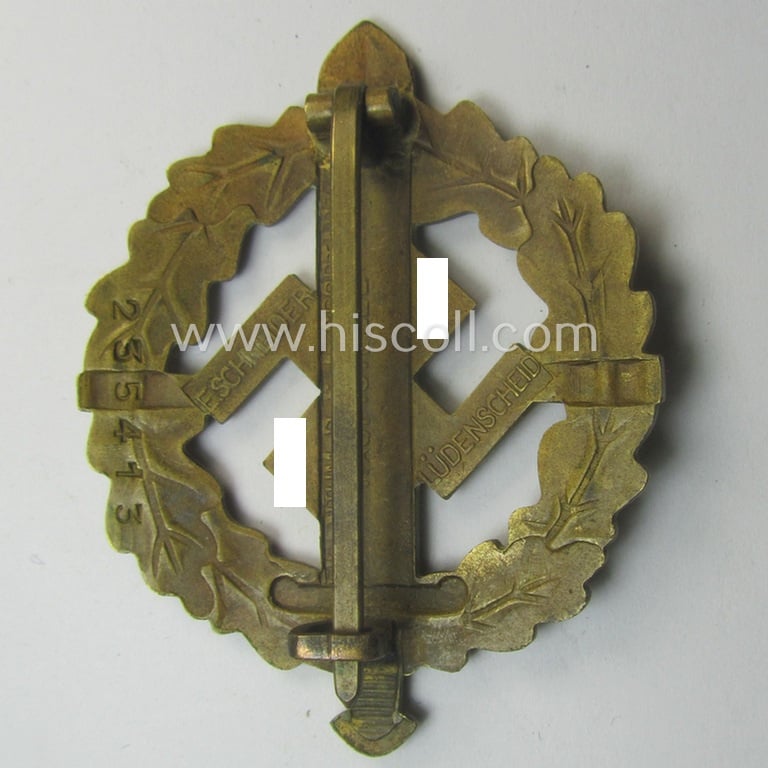 Early- (ie. pre-) war-period 'SA Sportabzeichen in Bronze' being a nicely maker- (ie. 'E. Schneider'-) marked example that bears a unique, stamped bearers'-number that reads: '235413' on its back