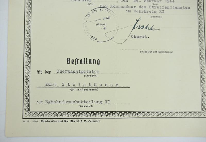 German WH Streifendienst Rank Promotion Certificate