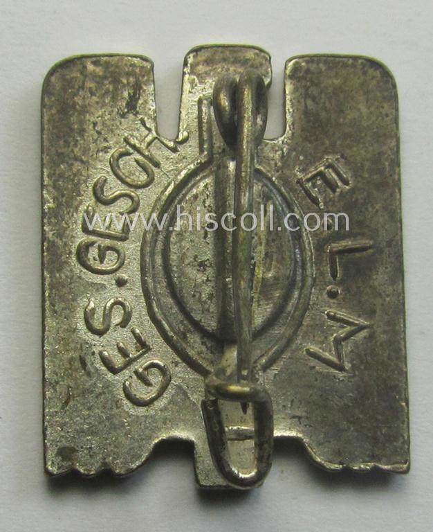 Multi-coloured and/or neatly enamelled DRK (ie. 'Deutsches Rotes Kreuz') civil-attire badge (ie. 'Zivilabzeichen des D.R.K.') being a maker- (ie. 'E.L.M.'-) marked example that bears a: 'Ges.Gesch.'-patent-pending designation on its back