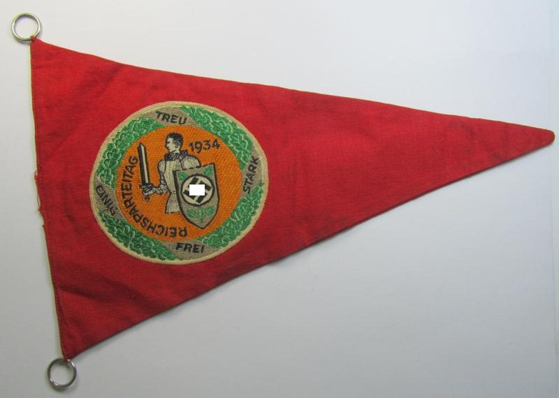 Attractive - 'patriotic-styled'- and/or truly nicely woven! - N.S.D.A.P.-related vehicle- ie. bicycle-flag (ie. 'Fahrrad-Fahne') depicting on one side a swastika-device and showing on the other side the text: 'Reichsparteitag 1934 - Nürnberg'