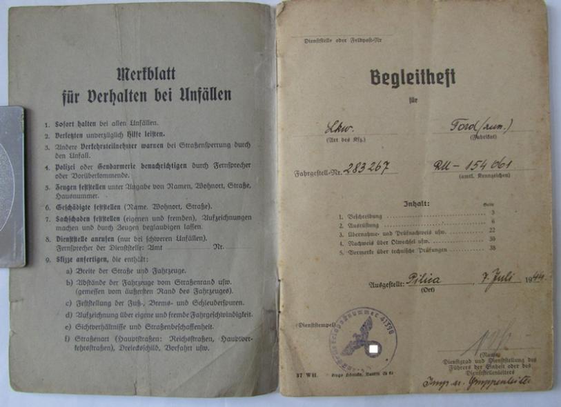 Neat - and truly unsually encountered! - WH vehicle-ID-paper (or: 'Begleitheft') as was issued for a: 'Lastkraftwagen Ford (Rum.)' holding the license-plates: 'RU-15461' that comes in a fully complete and/or filled-in condition