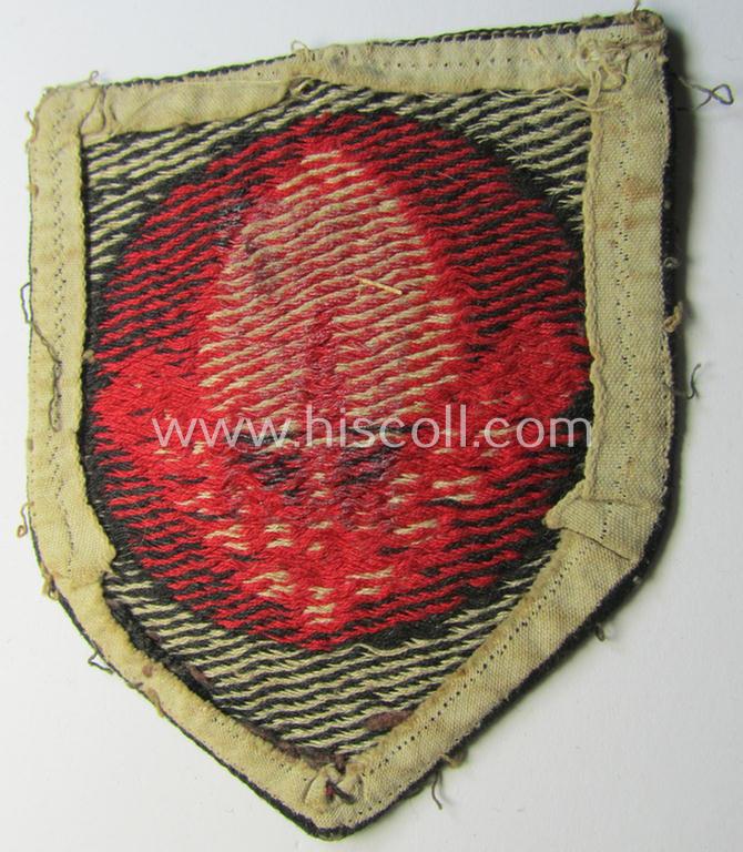 Multi-coloured and neatly 'BeVo'-woven so-called: 'RAD'- (ie. 'Reichsarbeitsdienst' or: mens'-section of the German labour-service) sports-shirt badge that comes in a moderately used- ie. worn- and or carefully shirt-removed-, condition