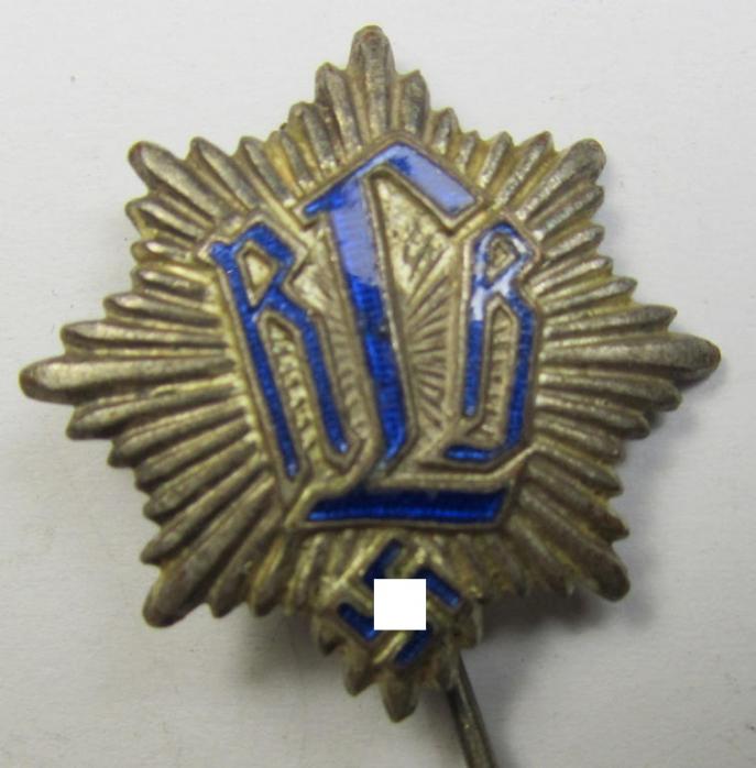 Attractive, semi-enamelled RLB- (ie. 'Reichluftschützbund') 'Zivilabzeichen' or: civil-attire badge (of the first pattern), bearing a neat makers-mark ('Hoffstätter') and patent-pending- (ie. 'Ges.Gesch.'-) marking on its back