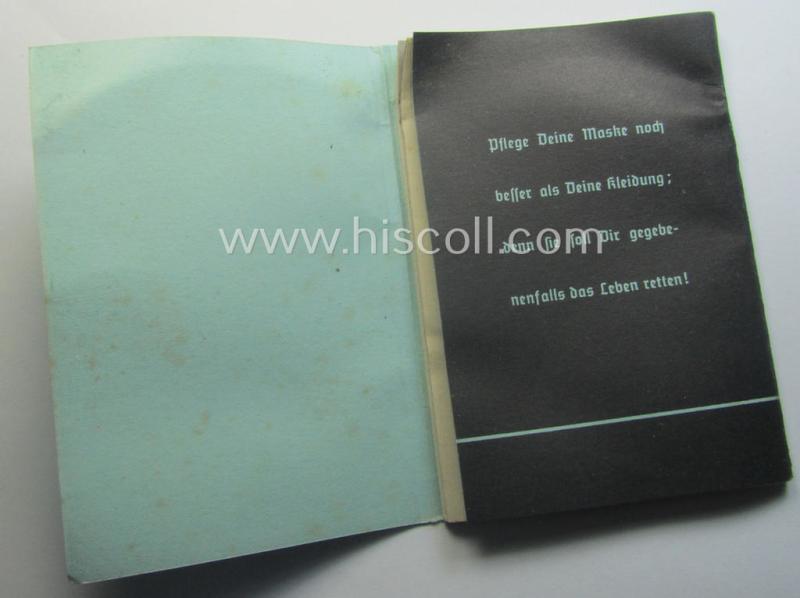 Neat - and actually scarcely encountered! - example of the 16-paged- and/or small-sized booklet on the German ('standard'-issue) 'Wehrmacht' gasmask ('Model S'), entitled: 'Die S-Maske'