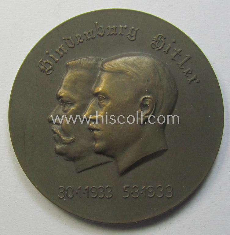 Superb, bronze-toned (and I deem genuine bronze-metal-based!) commemorative-table-medal (ie. 'nichttragenare Erinnerungs-Medaille') entitled: 'Hindenburg - Hitler - 30.1.1933 - 5.3.1933' and that comes stored in its period etui