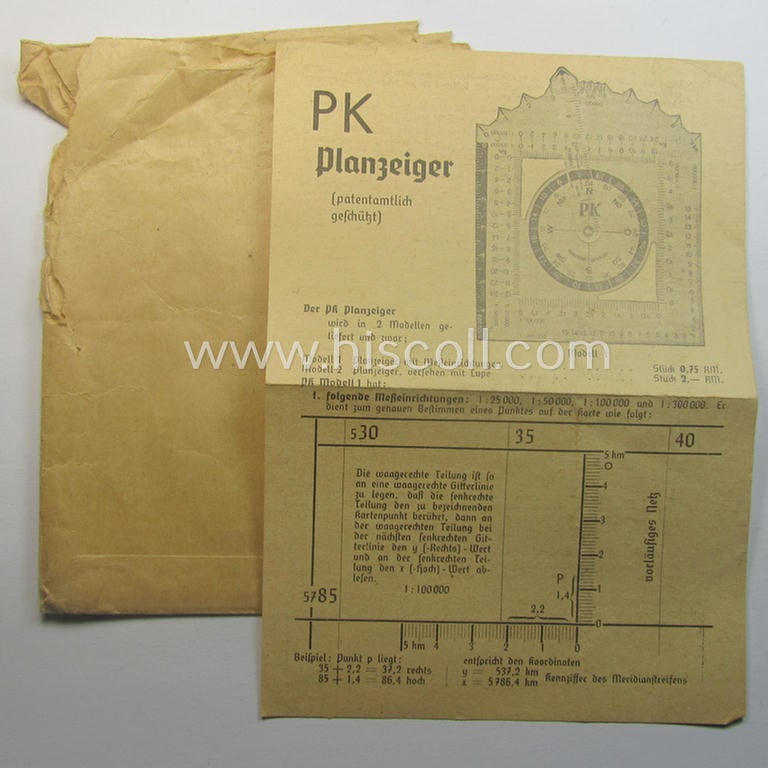 WH-era 'Planzeiger für Wehr- und Geländedienst' (as executed in 'Mica') that comes stored in its period, beige-coloured, paper-based- (and/or maker- ie. 'Esero'- marked-) pouch as issued