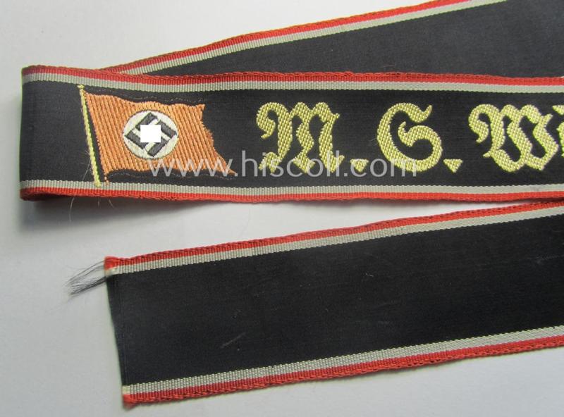 'DAF- ('Deutches Arbeitsfront') ie. 'KDF'- ('Kraft durch Freude'-) related white-coloured- (period-souvenir) cap-tally (ie. 'Mützenband') entitled: 'M.S. Wilhelm Gustloff'