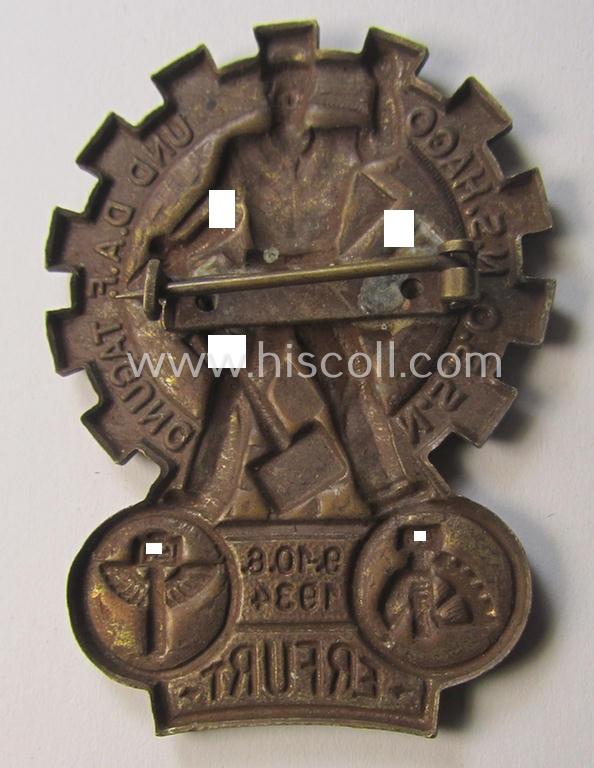 Neat - and unusually seen! - commemorative a 'combined' 'N.S.B.O./N.S.Hago/D.A.F.'-related day-badge (ie. 'tinnie') as issued to commemorate a meeting entitled: 'N.S.B.O., N.S.Hago und D.A.F.-Tagung' held on 9.-10.8-1934 in the town of Erfurt