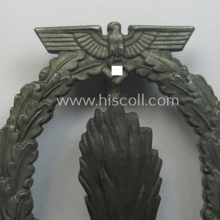 WH (Kriegsmarine) 'Kriegsabzeichen für Minensuch-, U-Boot-Jagd und Sicherungs-Verbände' being a detailed albeit non-maker-marked and 'Feinzink'-based example as was produced by the: 'Förster & Barth'-company