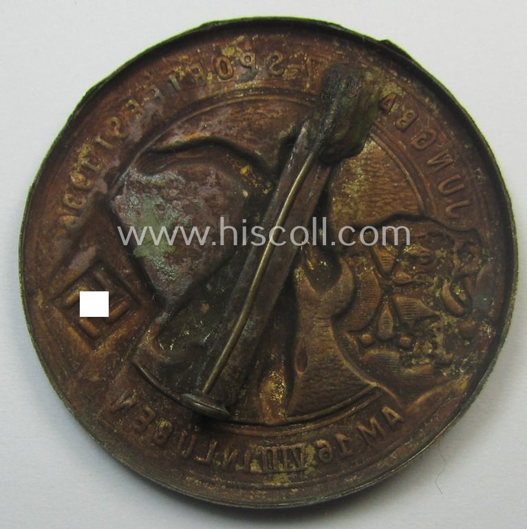 Superb - and unusually found! - golden-bronze-toned, HJ- (ie. DJ-) related 'tinnie' (ie. 'Tagungs- o. Veranstaltungsabzeichen') showing a sportsman and text that reads: 'Jungbann 7 - Sportfest 1936 am 16. VIII in Lüben'