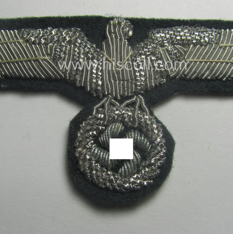 Attractive, WH (Heeres) officers'-pattern visor-cap-eagle (ie. 'Adler für Offiziers-Schirmmütze') being a neatly hand-embroidered example of the: 'Extra Qualität'