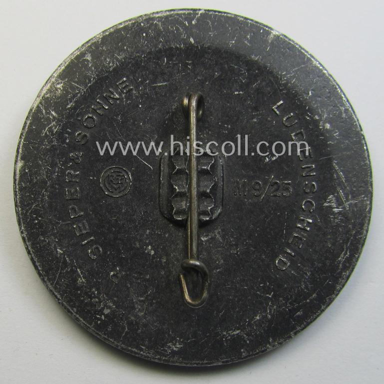 Commemorative silver-toned 'HJ'- (ie. 'Hitlerjugend'-) related 'tinnie' being a maker- (ie. 'R. Sieper'- ie. 'RzM - M9/25'-) marked example depicting a: 'HJ'-eagle-device and text: 'Gebietstreffen der Fränkischen Hitlerjugend - 1939'