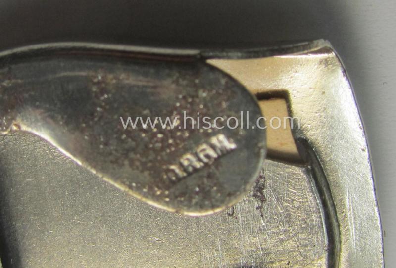 Attractive - and actually unusually seen! - smaller-sized, silver-toned (ie. chromed metal-based) patriotic belt-buckle (ie. 'N.S.D.A.P.'-supportive-piece) being a 'virtually mint- ie. unissued' example that shows some (minimal) rust-staining