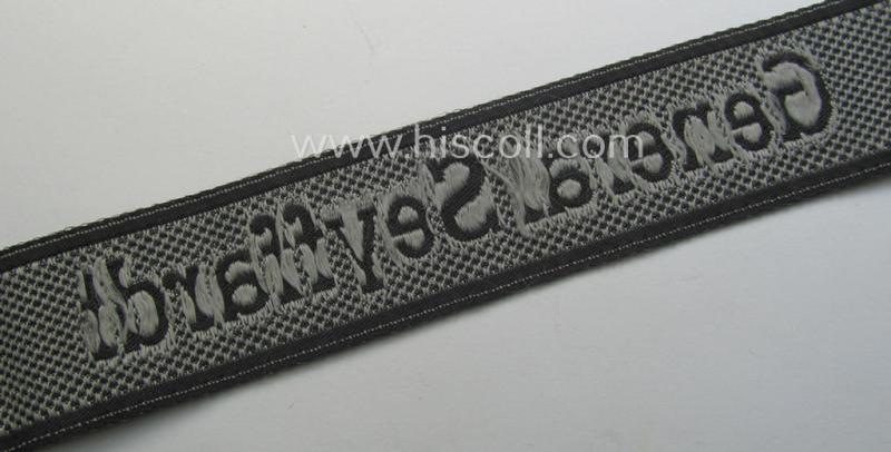 Waffen-SS, 1943-pattern cuff-title (ie. 'Ärmelstreifen') depicting the machine-woven Latin script text in silver-grey linnen as was specifically intended for usage by a member of the: 'SS-Frw.-Panzer-Grenadier-Regiment 48' - “General Seyffardt"