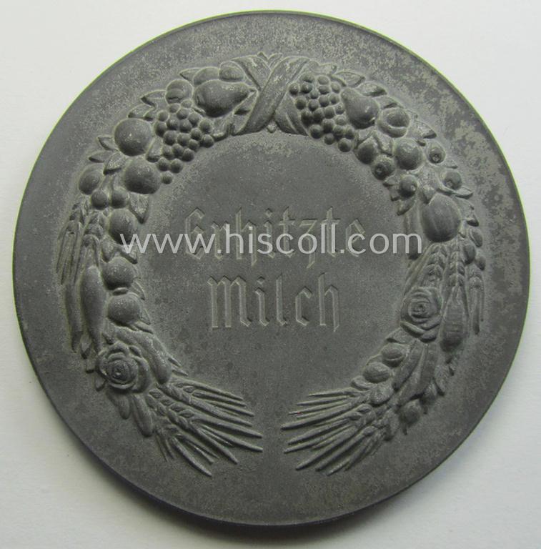 Greyish-silver-toned, 'Reichsnährstand'- (ie. 'RNSt.'-) related, commemorative-award-plaque entitled: 'Reichsnährstands-Austellung - Blut und Boden - Leipzig 1939 - erhitzte Milch' and that comes stored in its period etui