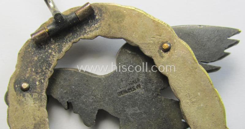 WH (Luftwaffe) 'Flugzeug-Beobachter-Abzeichen' (ie. observers'-war-badge) being a neatly maker- (ie. 'C.E. Juncker'-) marked and/or: 'Buntmetall'- (ie. 'Tombak'-) based example (of the desirable 'J1-pattern'!)