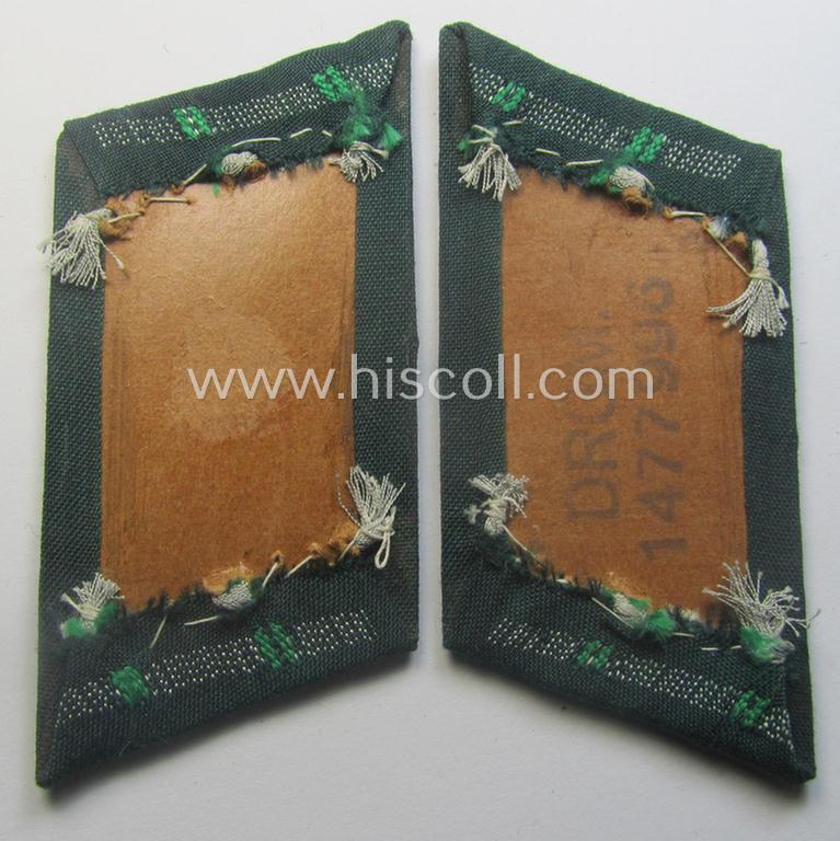 WH (Heeres) pair of (later-war-pattern) officers'-type collar-tabs (ie. 'Kragenspiegel für Offiziere') as executed in 'BeVo'-weave pattern as was intended for an officer serving within the: 'Jäger- o. Gebirgsjäger-Trpn.'