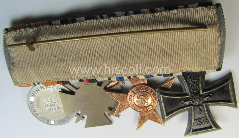 Attractive, 4-pieced medal-bar (ie. 'Ordenspange') respectively depicting a WWI-period: 'EK II. Klasse', a: 'Bayern Militär-Verdienstkreuz 3. Klasse m. Schw.', a: 'FKK 1914-18 m. Schw.' and an: Austrian 'Anschluss'-medal