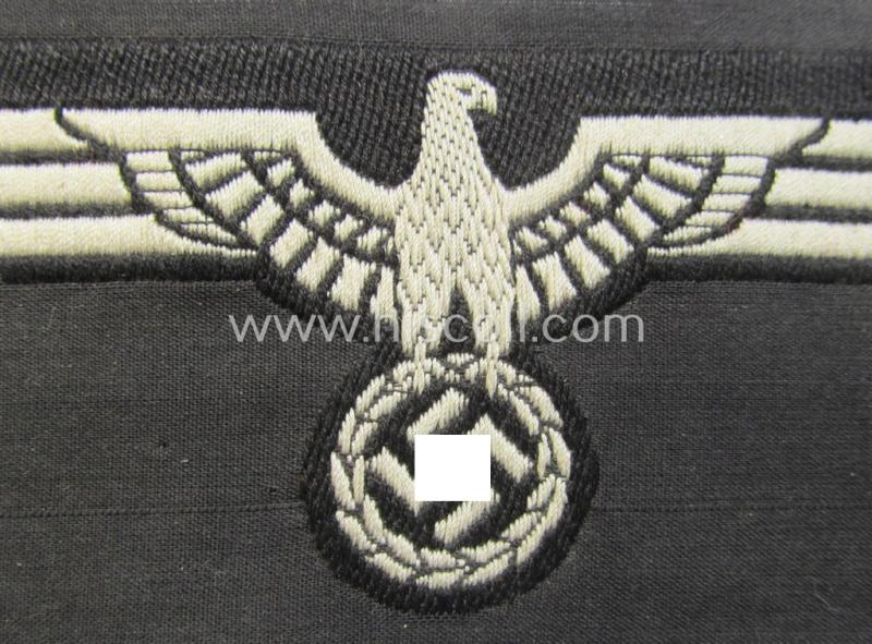 Neat, WH (Heeres) early- (ie. pre-) war-period- and/or white-coloured 'Panzer'-type breast-eagle of the so-called: 'M35'- (ie.'M36'-) pattern as was executed in the neat 'BeVo'-weave pattern on a black-coloured background