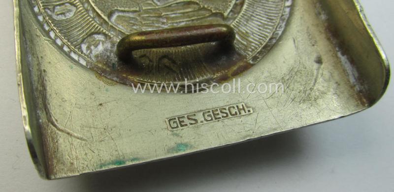 HJ (ie. 'Hitlerjugend') bright-silver-coloured- (ie. nickle-chrome-based and early-pattern) belt-buckle being a neatly maker- (ie. 'Ges.Gesch.'-) marked example