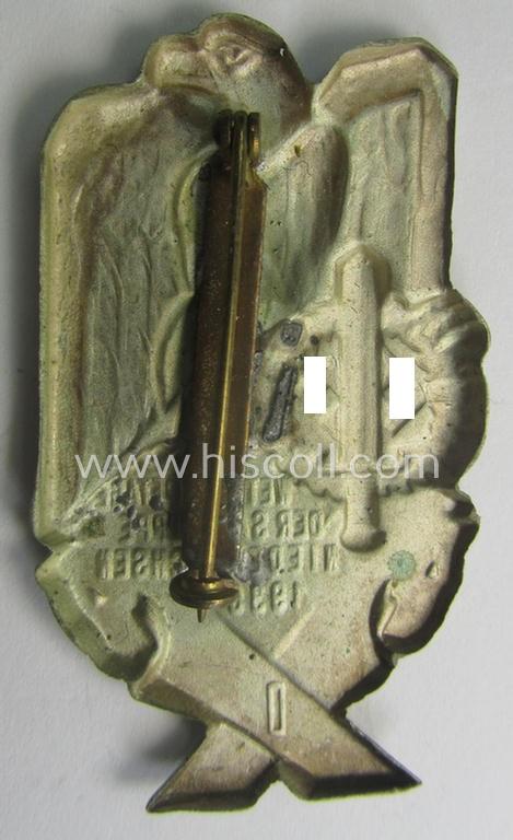 Commemorative,  tin-based SA- (ie. 'Sturmabteilungen'-) related 'tinnie', being a non-maker-marked- and 'hollow-back' example depicting an eagle-device and SA-sports'-badge and the text: 'SA-Wettkampftage der SA-Gruppe Niedersachsen - 1936'