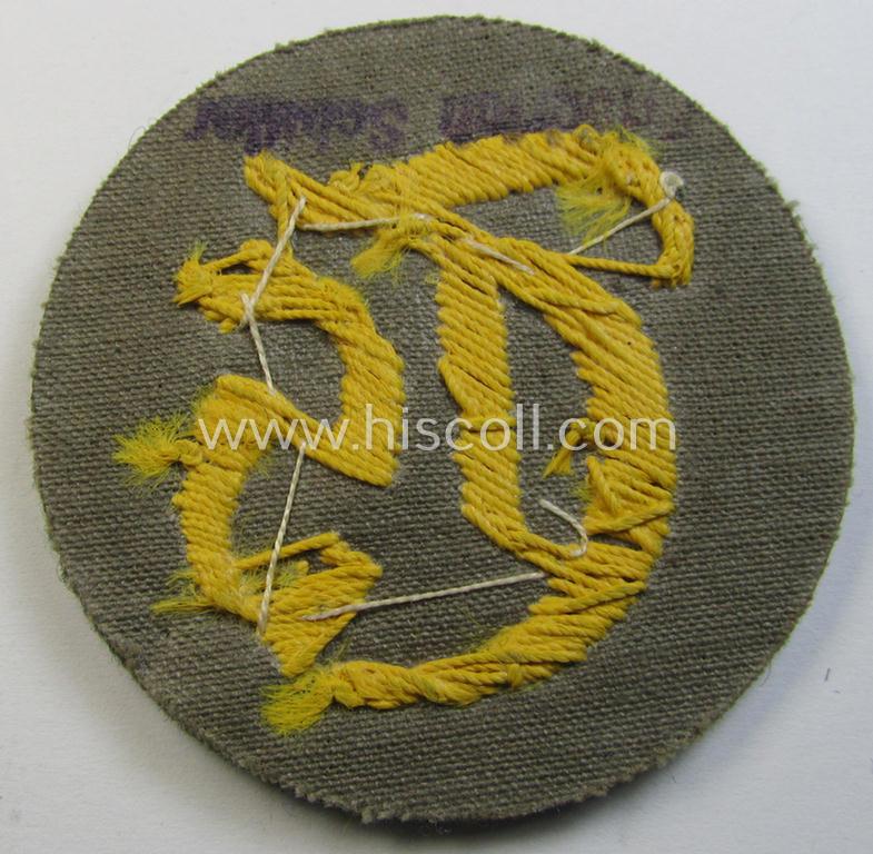 Superb - and truly rarely encountered! - WH (Heeres) hand-embroidered, trade- and/or special-career insignia (ie. 'Tätigkeitsabzeichen') as executed on a darker-green-coloured background as was specifically intended for a: 'Truppensattlermeister'