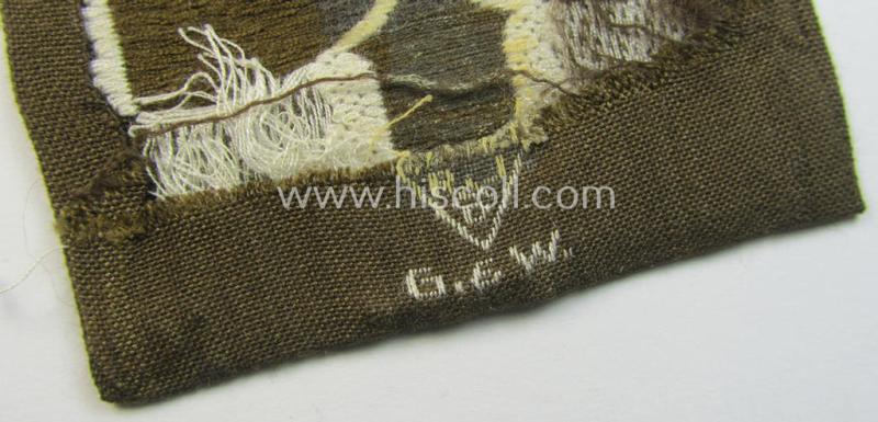 Attractive - and actually scarcely encountered! - RAD (ie. 'Reichsarbeitsdienst') brown-coloured sleeve-badge (or: 'Dienststellenabzeichen') as was specifically intended for usage by all (lower-ranked) RAD-staff acting at: 'Reichsleitungs'-leve...