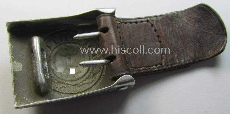 Attractive - albeit truly used! - WH (Heeres) 'standard-pattern', field-grey-toned- and aluminium-based belt-buckle being a non-maker-marked example that comes mounted onto its 'Gebr. Kugel & Fink'-marked and/or '1936'-dated tab