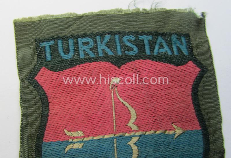 Attractive, 'BeVo'-type armshield entitled: 'Turkistan' (being of the scarcely encountered third and final pattern!) that was intended for a volunteer who served within the: 'Deutsche Wehrmacht' ie. within the: 'Turkistanisches Legion'