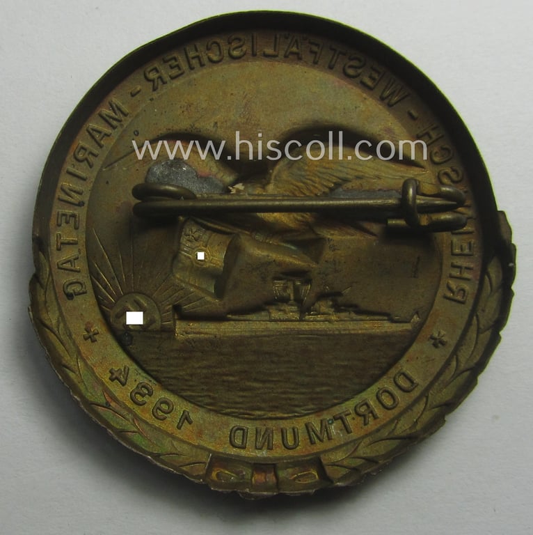 Commemorative - and scarcely found! - WH (Kriegsmarine) related 'tinnie' (ie. 'Tagungs- o. Veranstaltungsabzeichen'-) showing a 'Schlachtschiff' and 'swastika'-sunburst coupled with the text: 'Rheinisch-Westfälischer Marinetag - Dortmund - 1934'