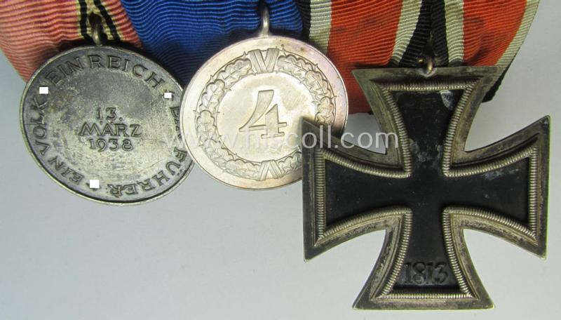 3-pieced WH (Heeres o. KM etc.) medal-bar (ie.: 'Ordenspange') resp. showing an: 'EKII. Kl.', a: 'WH-DA 4. St.' and an Austrian 'Anschluss'-medal