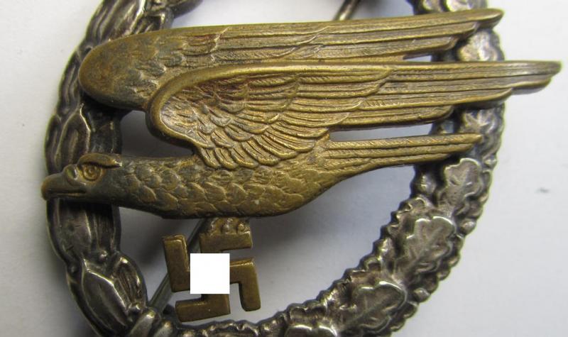 Superb - and early-war-period! - tombak- (ie. 'Buntmetall'-) based specimen of a WH (LW) 'Fallschirmschützen-Abzeichen' (being a maker- ie. 'A'-marked, 'Type E'-pattern example) by the 'Assmann'-company